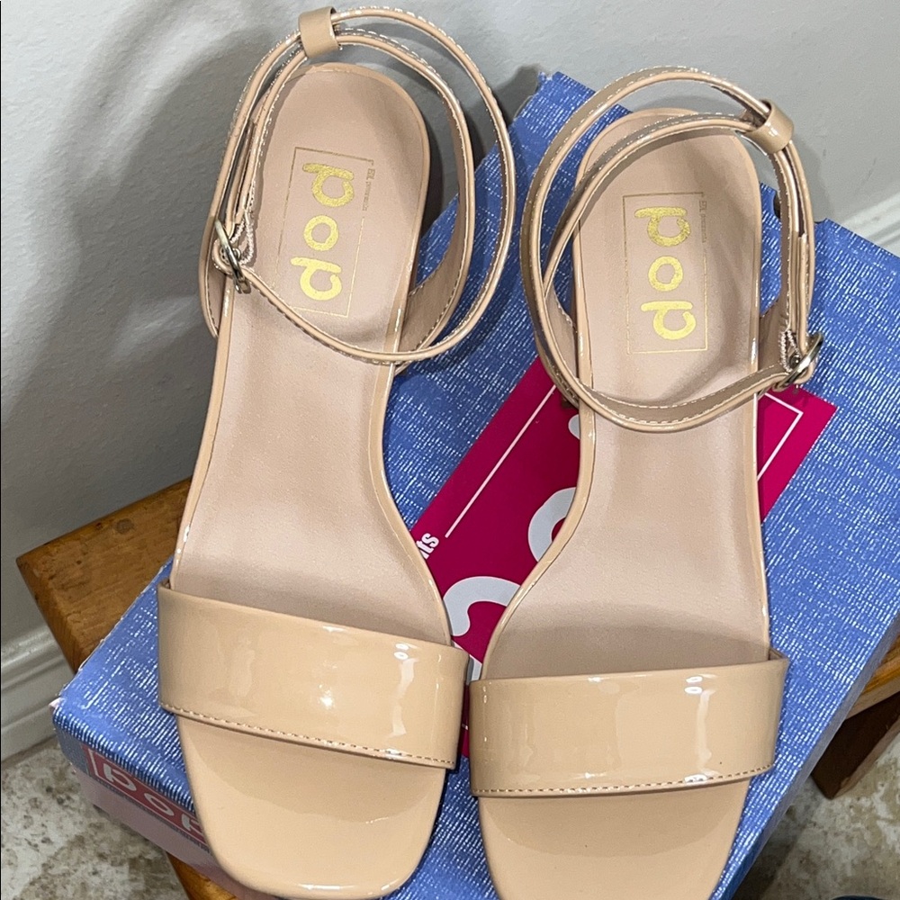 POP Nude Patent Block Heel Sandals with Ankle Strap - Picture 8 of 12